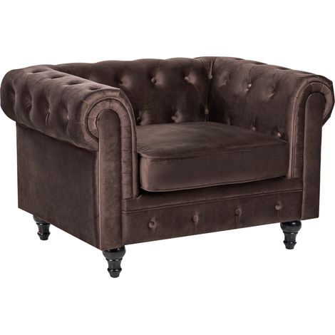 Sillón moderno respaldo con capitoné clásico en terciopelo marrón oscuro Chesterfield