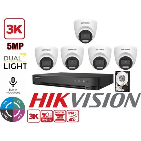 KIT VIDEOSORVEGLIANZA HIKVISION 8 CANALI 5 MPX 5 TELECAMERE DOME 5MPX 3K HYBRID LIGHT HDD 1TB