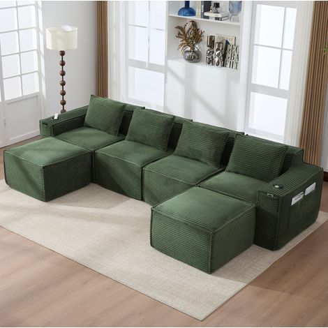 Divano modulare 4 posti in velluto a coste verde con 2 pouf, portabicchieri e tasche (1/5)