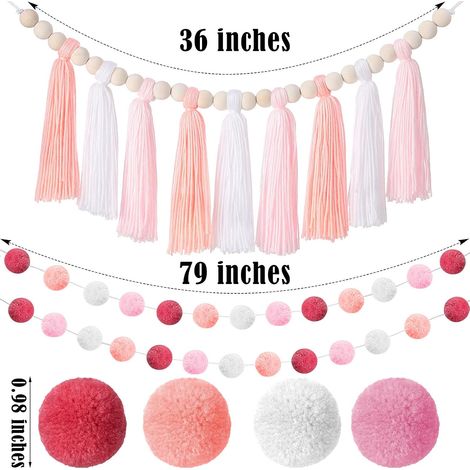 Guirlande de pompons bohème avec perles en matériau naturel et 2 décorations colorées de pompons de style occidental pour fête prénatale, maison (1/5)