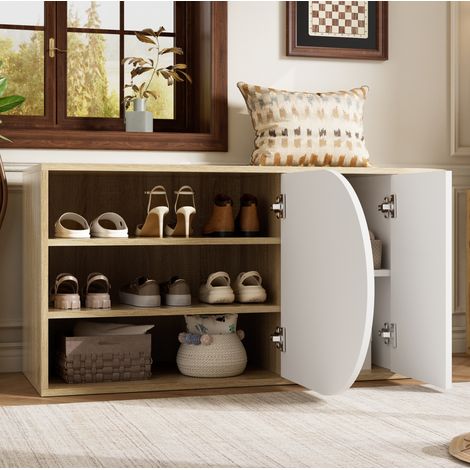 Mueble zapatero 104 x 37 x 50 cm con 1 gancho, blanco y madera natural HAVRYA (1/5)