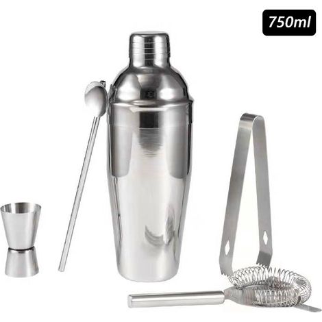 Ensemble de 5 kits de bar en acier inoxydable, comprenant un shaker à cocktail, une passoire, une cuillère à mélanger, un doseur et une pince à glaçons.-AquaForge (1/5)
