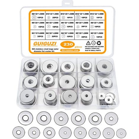 Flat Washers, 230pcs 304 Stainless Steel Large Metal Washers, 15 Sizes M3 M4 M5 M6 M8 M10 M12 for Home Decoration, Factories, Kitchens, Shops and Outdoor Construction (1/5)