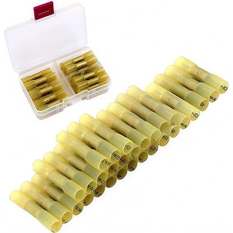 Connecteurs bout à bout thermorétractables, kit de connecteurs de bornes à sertir , connecteurs sans soudure, connecteurs de fils étanches jaunes adaptés aux câbles 12-10 AWG (30 pièces) (1/5)