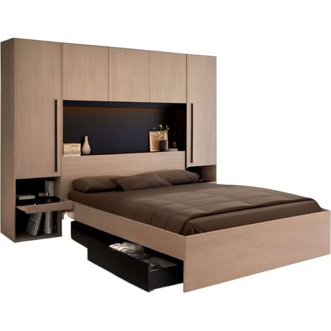 Pack Dormitorio Completo John Cama con cajones y Cabecero Puente Roble Brooklyn y Negro Stipple (Cama de 135-140x190 cm)