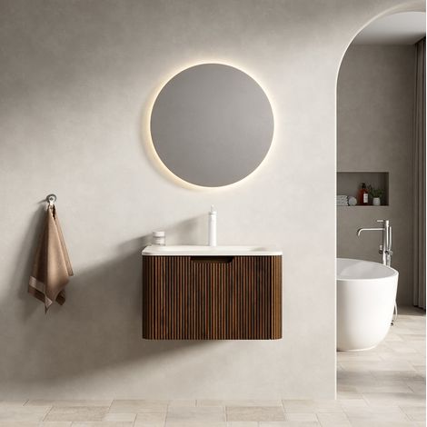 CHICFURN mueble lavabo suspendido 60 cm piedra sinterizada beige nogal, cajón LED suave (1/5)