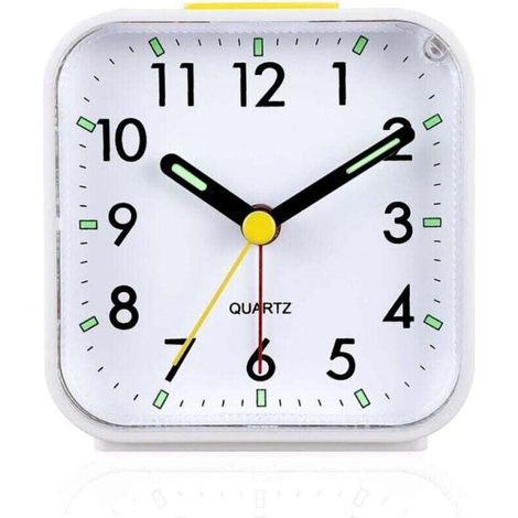 Silent analog alarm clock with no ticking, gentle wake-up, audible beeps, volume increase, snooze and light functions, battery operated, easy setting, white