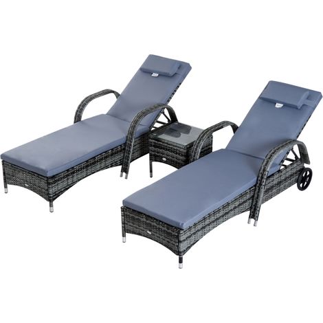Ensemble de 3 chaises longues en polyrattan et métal gris pour un mobilier de jardin moderne et confortable (1/5)