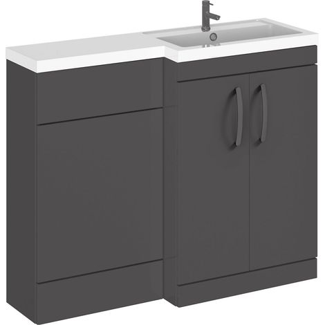Balterley Right-Hand Bathroom Vanity and WC Unit Combination with Basin - 1100mm - Gloss Grey with Brushed Pewter Handles