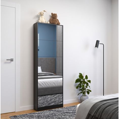 Mobile portascarpe ultrasottile a 5 ante a ribalta con specchio 63 x 19,6 x 185 cm nero (1/5)