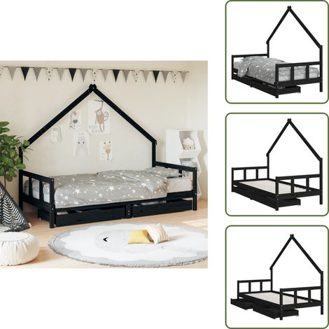 The Living Store Estructura de cama niños con cajones madera pino negro 90x200cm - Cama de madera