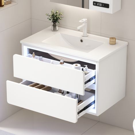 Armoire de salle de bain murale 76×46×48,5 cm, finition laquée complète, éclairage LED à capteur radar, deux tiroirs, glissières silencieuses, lavabo avec vasque intégrée, blanc