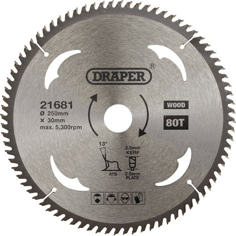 Draper 21681 TCT Circular Saw Blade for Wood – 250mm Diameter, 30mm Arbor, 80 Teeth