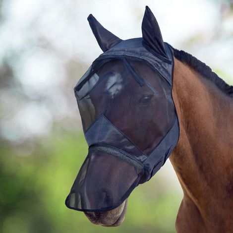 Masque anti-mouches intégral pour cheval Protège visage nez et oreilles Polaire en nylon rembourré Protection UV, Piano Black