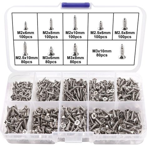 820 Pièces M2 M2.5 M3 Petites Vis à Bois Kit, Vis à Bois Phillips à Tête Fraisée Autotaraudeuses, pour Meubles, Travail du Bois(Argent Miniature) (1/5)