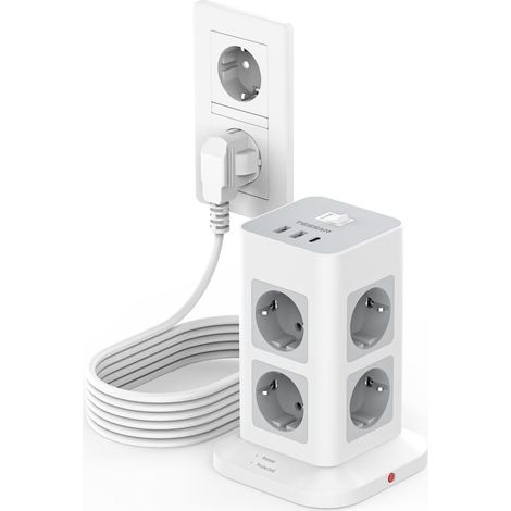 Multiprise avec Interrupteur, Rallonge Electrique 3M, Gris Prise Multiple 8 Sorties AC avec 1 USB,C et 2 USB A, Parafoudre et Surtension, 3600W Tour Multiprise pour Maison, Bureau (1/5)