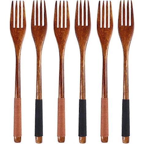 Lot de 6 fourchettes en bois de style japonais, ustensiles de table pour enfants (fil marron et noir)-6pcs (1/3)