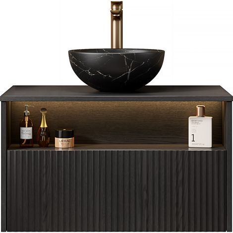 Meuble vasque suspendu 80 cm en céramique noire avec éclairage LED à capteur, tiroir et niche de rangement, livré monté, pour salle de bain CHICFURN (1/5)