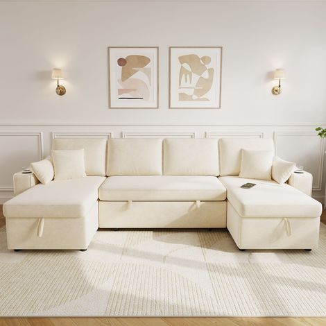 Canapé d'angle en U convertible lit gigogne, rangements intégrés, méridienne double, porte-gobelet, USB, tablette accoudoir, beige