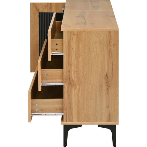 Aparador moderno de madera natural y negro con 3 cajones 120 x 35 x 76 cm (1/5)