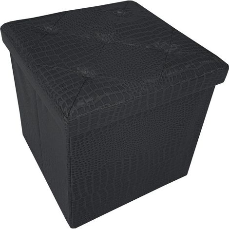 Cassapanca Contenitore Pouf Panca Poggiapiedi Similpelle Pelle Finta Coccodrillo 38x38x38 cm - Nera