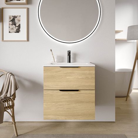 BERNSTEIN - Meuble vasque Beige de salle de bain 60x46x62cm (LxPxH) + vasque céramique, 2 tiroirs, Poignées Chrome - TIM60 (1/5)