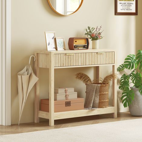 HOMCOM Table Console Étroite 90cm - 2 Tiroirs Rainurés & Étagère, Style Moderne, Bois Naturel