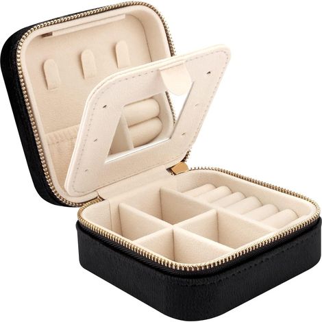 Coffret de voyage à bijoux DesignSter - Organisateur en velours, petit écrin pour bagues, boucles d'oreilles et colliers, boîte de rangement carrée noire (1/4)