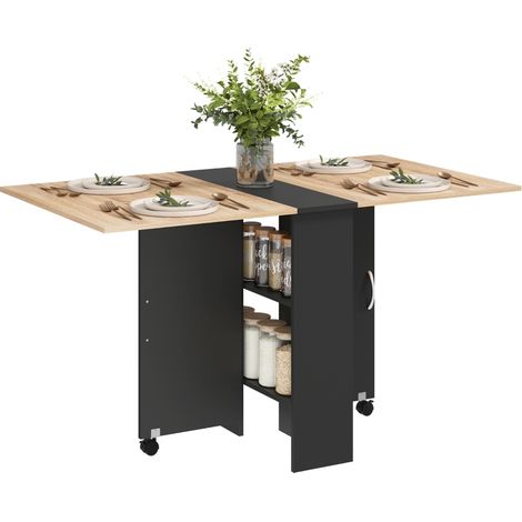 Table Pliable Console Noir en Chêne pour 4-6 Personnes avec Roues et Étagères, 140x75x74cm, Parfaite pour Événements et Dîners (1/5)