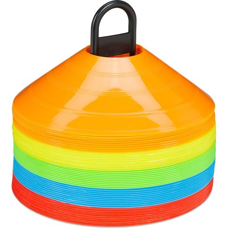 Relaxdays Cones, Set of 50, Training Markers for Sports, Football & Handball Caps, with Stand Holder Included, 5 Colours