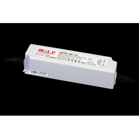 GPVP-40-12: Alimentatore GLP: 12V/3.5A, CV, PFC, IP67, custodia in plastica, cavi a doppio isolamento