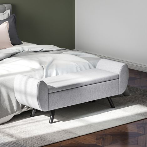 Panca letto con contenitore 53.8L en tissu gris, accoudoirs, pieds en bois, 132x42x50 cm (1/5)