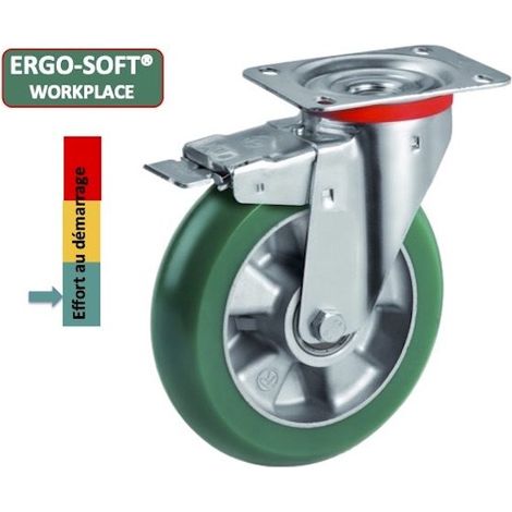 Roulette pivotante à frein diamètre 125 mm roue polyuréthane vert ERGO-SOFT® - 220 Kg (1/2)