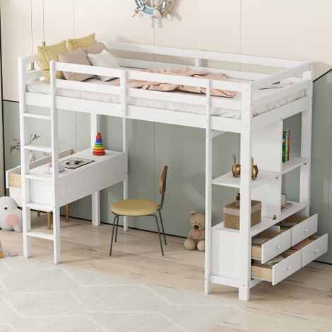 Cama altillo con escritorio, cama altillo infantil de 90x200 cm con estantes y cajones, estructura de pino, blanco (1/5)