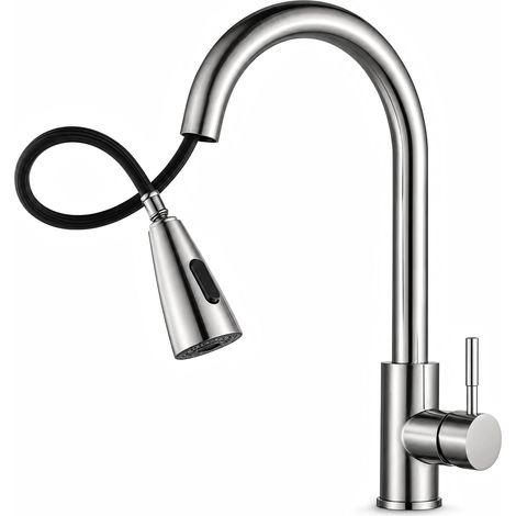 Robinet de cuisine avec boom et fonction de douche - Robinet extensible de 50 cm, 2 modes d'eau (jet/pulvérisation), cartouche en céramique, finition nickel mat - pour cuisine, lavage (1/5)