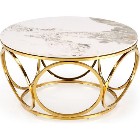 Table basse ronde avec plateau marbre blanc et pieds dorés Lilac (1/5)