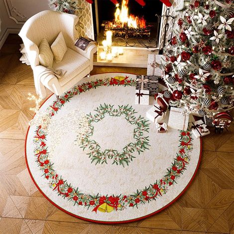 Tapis de sapin de Noël en fausse fourrure 60x60cm avec motif clochettes, tapis de sapin en velours avec clochettes de Noël (1/5)