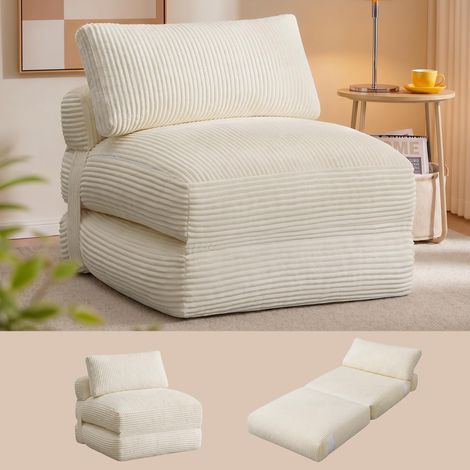 VASAGLE Poltrona Letto Pieghevole, in Velluto a Coste e Spugna, Sfoderabile, Divano Singolo, 89 x 89 x 78 cm / 89 x 195 x 43 cm, Bianco Caldo Chiaro, per Soggiorno, Collezione Camila LCS211W101 (1/5)