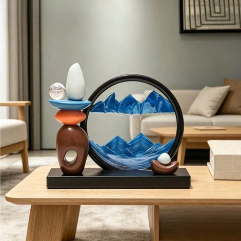 Ornement artistique au sable mouvant avec sculpture de pierre porte-bonheur, cadre rond 3D paysage dynamique, décoration de bureau, salon, bureau d'étude, cadeau pendaison de crémaillère,bleu (1/3)