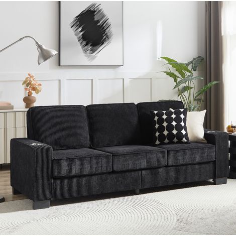 Sofá 206 cm en negro de pana con portavasos, diseño moderno y confort ergonómico (1/5)