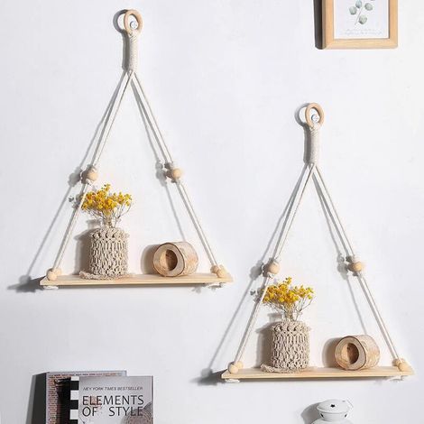 Rideau de porteLot de 2 étagères murales en macramé avec étagères en bois - Étagère flottante bohème tissée à la main en corde de coton naturel - Décoration murale bohème - Support pour plantes pour d
