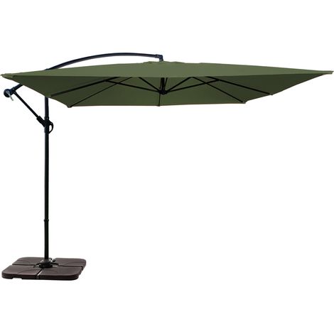 Parasol déporté 3 x 3 m et 4 dalles à lester remplisable vert cactus