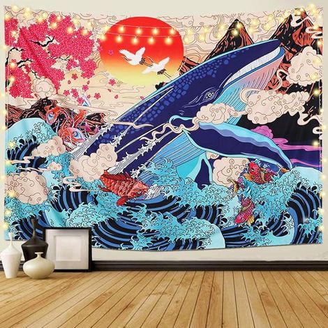 Tapisserie Murale Ukiyo-e Vague Océan Koï Grande Baleine Animaux Paysage Coucher de Soleil Décoration Murale pour Chambre Salon (Vague, L/148cm x 200cm) (1/5)