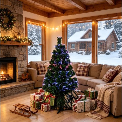 Sapin de Noël artificiel lumineux à fibres optiques multicolores, 90 cm, 90 branches, vert, PVC (1/5)