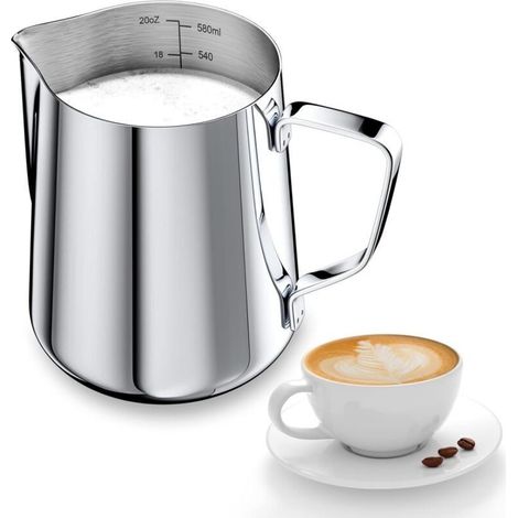 Pichet à lait 600 ml - Tasse à latte art - Acier inoxydable - Convient aux cafés, pâtisseries et à un usage domestique - Argenté