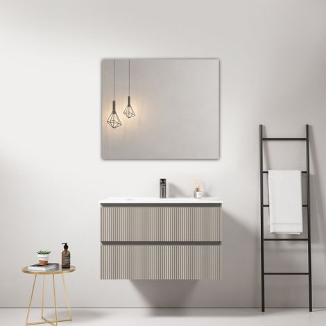 Mobile bagno sospeso cannettato 80 cm Grigio Cenere Lavabo in Ceramica Specchio Quadro - Fiji Paint (1/4)