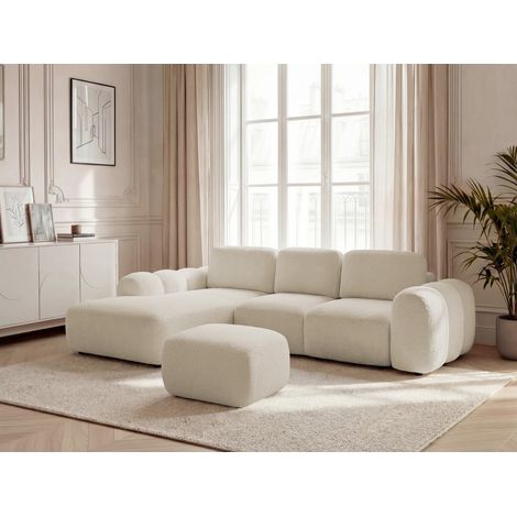 BOBOCHIC - Canapé d'angle convertible coffre grande méridienne MONTAIGNE tissu bouclette avec pouf Angle gauche  Beige (1/5)