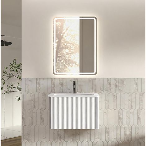 Mobile da bagno con lavabo e specchio LED, 60 cm, bianco, preassemblato DESVIAE (1/5)
