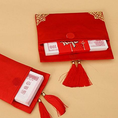 Enveloppe rouge en tissu exquis, idéale mariages et les fianailles-motif horizontal avec couronne de phénix et broderie style robe (1/5)