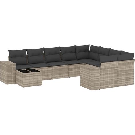 vidaXL Set Divano Giardino 10 pz con Cuscini Grigio Chiaro Polyrattan (1/5)